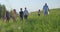 Front view of old man with kids going forward, walking in high grass, talking, approaching. Tourists hiking in hills