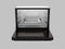 Front view of open microwave oven isolated on gray background
