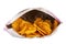 Front view of an opened bag of potato chips isolated on white.