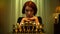 Front view portrait of serious redhead beautiful woman looking at camera sitting with chess board indoors. Gorgeous