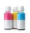 Front view of printer color ink bottles