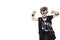 Front view of punk kid wearing pilot goggles with raised fist over white background