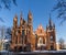 Front view of the red brick gothic church in Vilnius, Lithuania