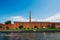 Front view on the red brick old ceramics factory on the Cojo Canal in Aveiro. Fabric of Jernymo Pereira Campos with tall chimney.