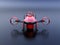 Front view of red VTOL drone with delivery packages on dark background