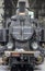 Front view of a restored steam locomotive,