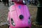 Front view on retro pink Vespa scooter parked on city square