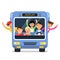 Front view of school bus with set of happy childrens and driver