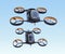 Front view of self-driving Rescue Drones flying in the sky