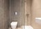 Front view of small size bathroom in modern style. Toilet interior tiled of beige mosaic and big scale tiles gray marble texture