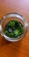 Front view of a small terrarium in a glass bottle