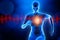 Front view of a sportswoman running with glowing heart and red heartbeat ekg curve. Blue hologram futuristic 3d rendering