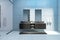 Front view on sunlit stylish brown sinks and two mirrors in sunlit monochrome bathroom with blue light squared wall background and