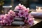 A front view of tranquil wellness ambiance, spa stones, pink flowers, towels