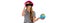 Front view of Trendy young girl in striped t-shirt and red hat holds world globe looking through binoculars to camera