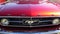 Front view of a vintage red Ford Mustang with horse riding logo at Albert Park circuit, Australian Grand Prix, Melbourne