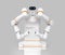 Front view of white dual-arm robot isolated on gray background