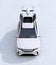 Front view of white electric SUV released drone for leisure entertainment