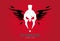 Front view of winged warrior head combine with text . sparta helmet isolated on red background. Suitable for team identity, mascot