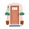 Front view of wood door outside of house. Closed building entrance exterior with glass, potted plants, lamp, number, rug