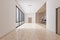 Front view on wooden door in white wall in sunlit light office with big windows, glossy floor and eco style workplaces with modern