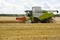 Front view on working wheat harvesters combine machine on gold wheat fields in summer. Europe wheat, rye harvesting