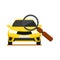 Front view yellow car with magnifier icon