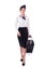 Front view of young stewardess walking with suitcase isolated on