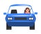 Front View of Young Woman Riding Blue Car, Serious Focused Female Driver Driving Vehicle Cartoon Vector Illustration