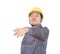 In front of a white background, a young laborer with his finger forward