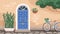 Front wooden door with knocker and mail slot. Home exterior with arch doorway and stone wall with plants and flowers in
