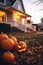 Front yard facade of a suburb house with a lot of halloween pumpkins. Soft evening light, autumn vibes. Y2K aesthetics