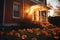 Front yard facade of a suburb house with a lot of halloween pumpkins. Soft evening light, autumn vibes. Y2K aesthetics