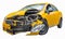 Front of yellow car has damaged caused by accident, isolated on