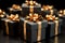 A frontal presentation of Black Friday gift boxes with gleaming golden ribbons
