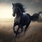 Frontal View of a Galloping Black Horse in a Field. Generative AI