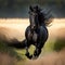 Frontal View of a Galloping Black Horse in a Field. Generative AI