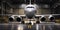 Frontal view of a passenger aircraft in a hangar, undergoing maintenance and repair for engine and fuselage servicing,