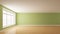 Frontal View of the Room with a Large Window on the Left, with Light Green Wall