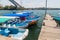 FRONTERAS, GUATEMALA - MARCH 10, 2016: Boats at Rio Dulce river at the pier in Fronteras town, Guatema