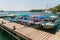 FRONTERAS, GUATEMALA - MARCH 10, 2016: Boats at Rio Dulce river at the pier in Fronteras town, Guatema