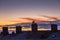 Frost covered roofs and chimneys and sunrise