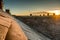 Frost covered roofs and chimneys and sunrise