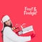 Frost and firelight text on red with happy caucasian woman holding christmas gifts