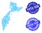 Frost Map of Kamchatka Peninsula and Winter Fresh and Frost Grunge Stamps