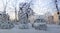 Frost patterns on the windshield of the car. The concept of changing weather