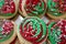 Frosted Christmas sugar cookies, homemade with green and red swirled buttercream frosting