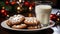 Frosted Gingersnap Cookies and Milk on a Small Plate Waiting for Santa by the tree on Christmas Eve. Generative AI