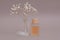 Frosted glass bottle with cosmetic product, oil, shower gel concept of massage or spa treatments, natural ingredients for skin car