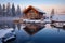 frosted log cabin and pier reflecting on an icy lake